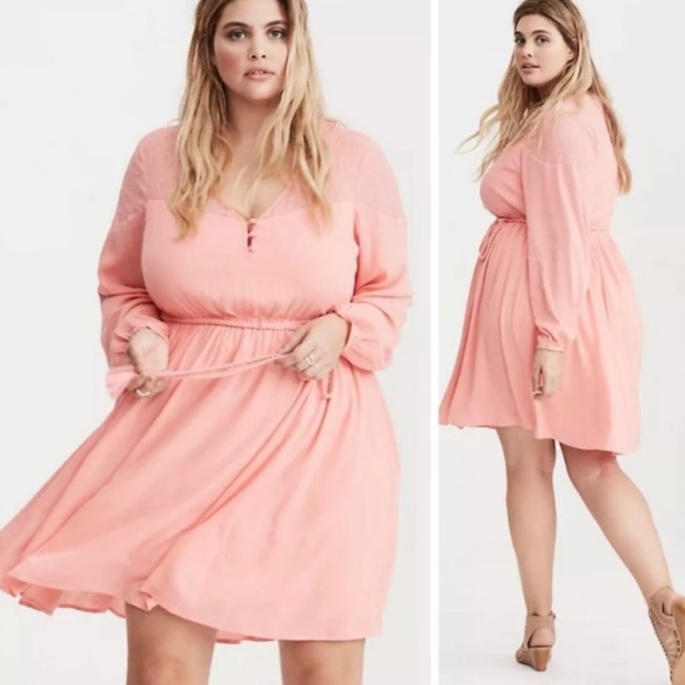 Torrid Pink Lace Long Sleeve Floral Mini Dress Sheer Size 12 Large Coral Travel